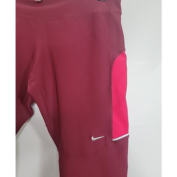 NIKE RUNNING DRI-FIT CROPPED LEGGINGS MAROON & PINK SIZE LARGE EUC - Picture 2 of 8